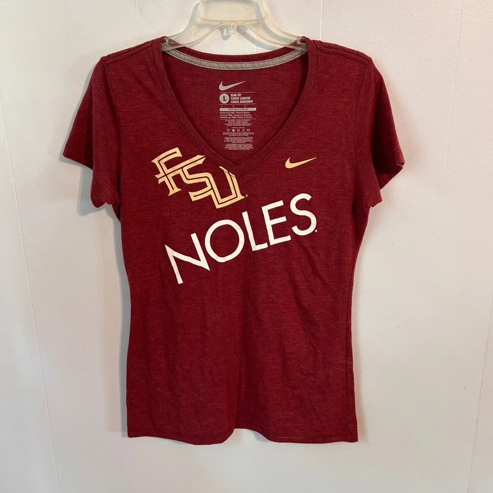 Nike FSU Seminoles Womens Large Slim Fit V-Neck T-Shirt Garnet Red Noles Logo